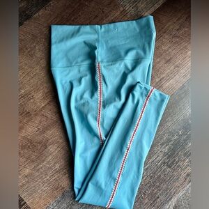 Nike Dry Fit Teal Leggings with Pink and White Crochet Stitch Detail